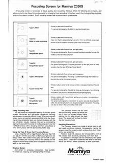 Mamiya C 330 s manual. Camera Instructions.